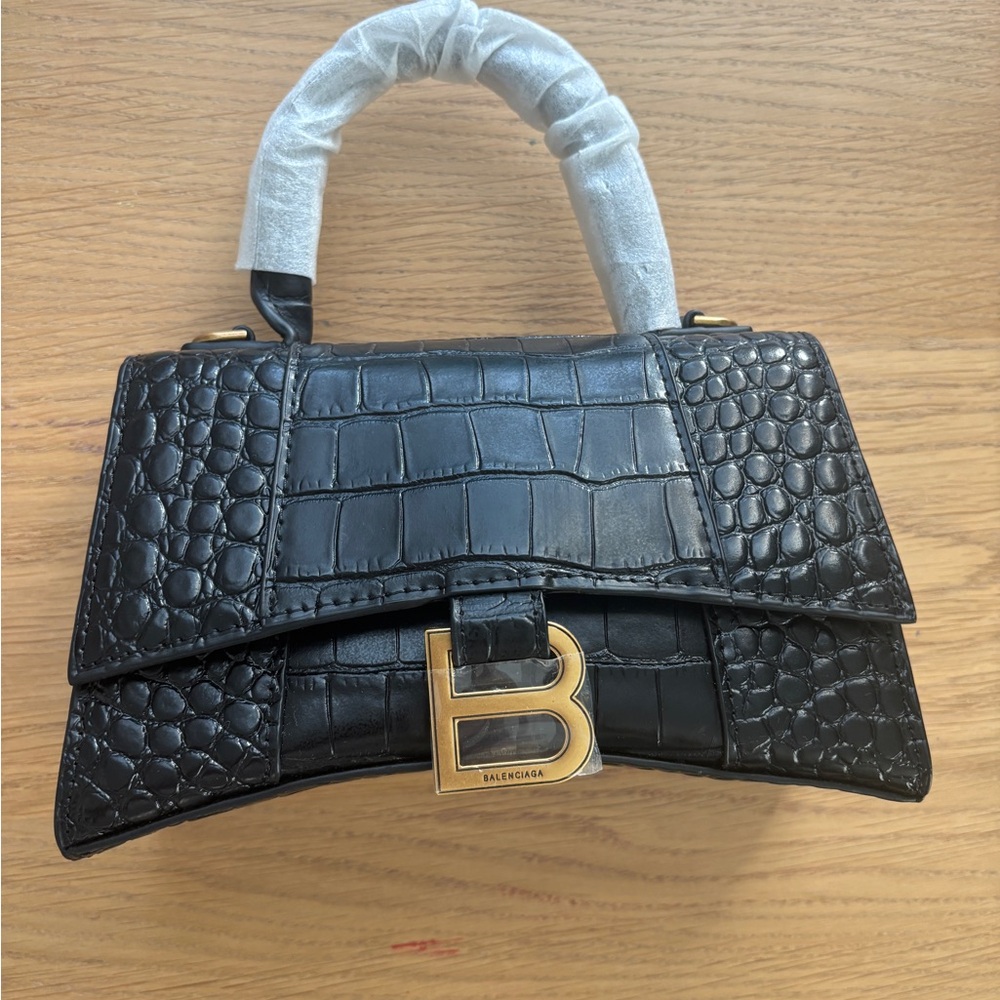 Black Croc-Embossed Bag with Gold Detail